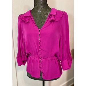 Parker Raspberry Fuschia 3/4 Dolman Sleeve Silk Button Up Blouse Ruffles Sz L